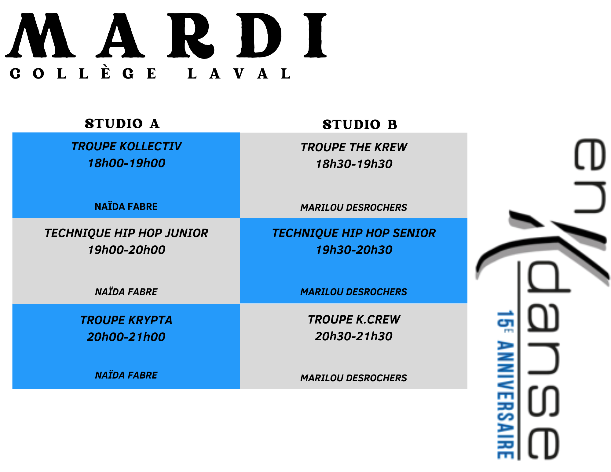 Enkdanse - Horaire Mardi - College Laval