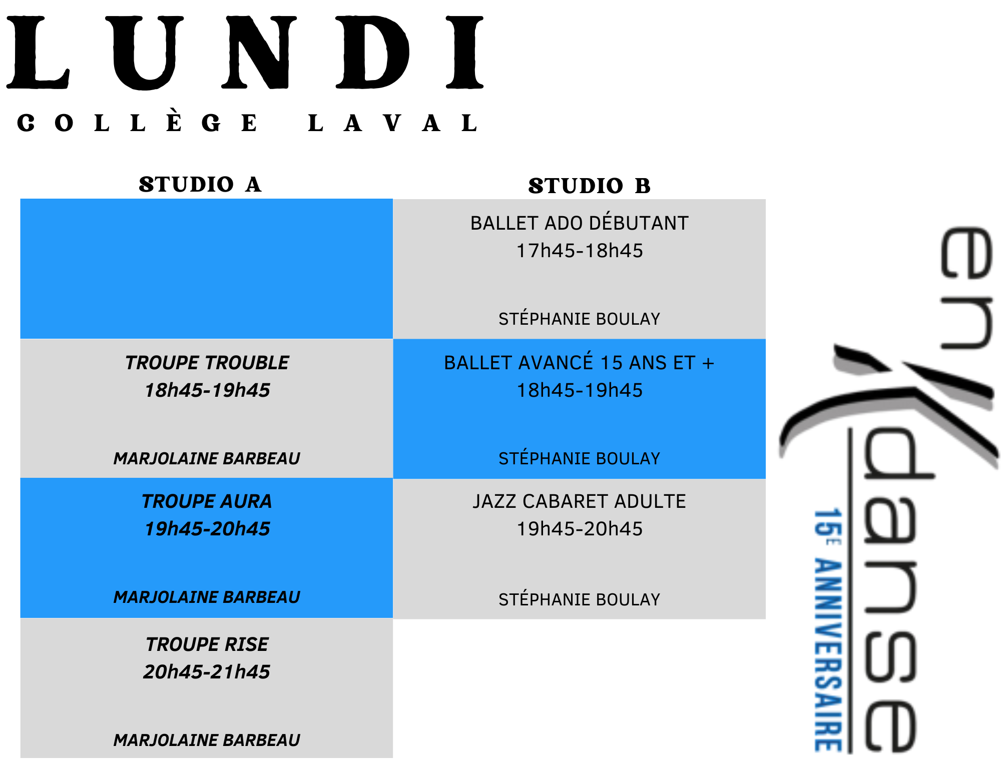 Enkdanse - Horaire Lundi - College Laval