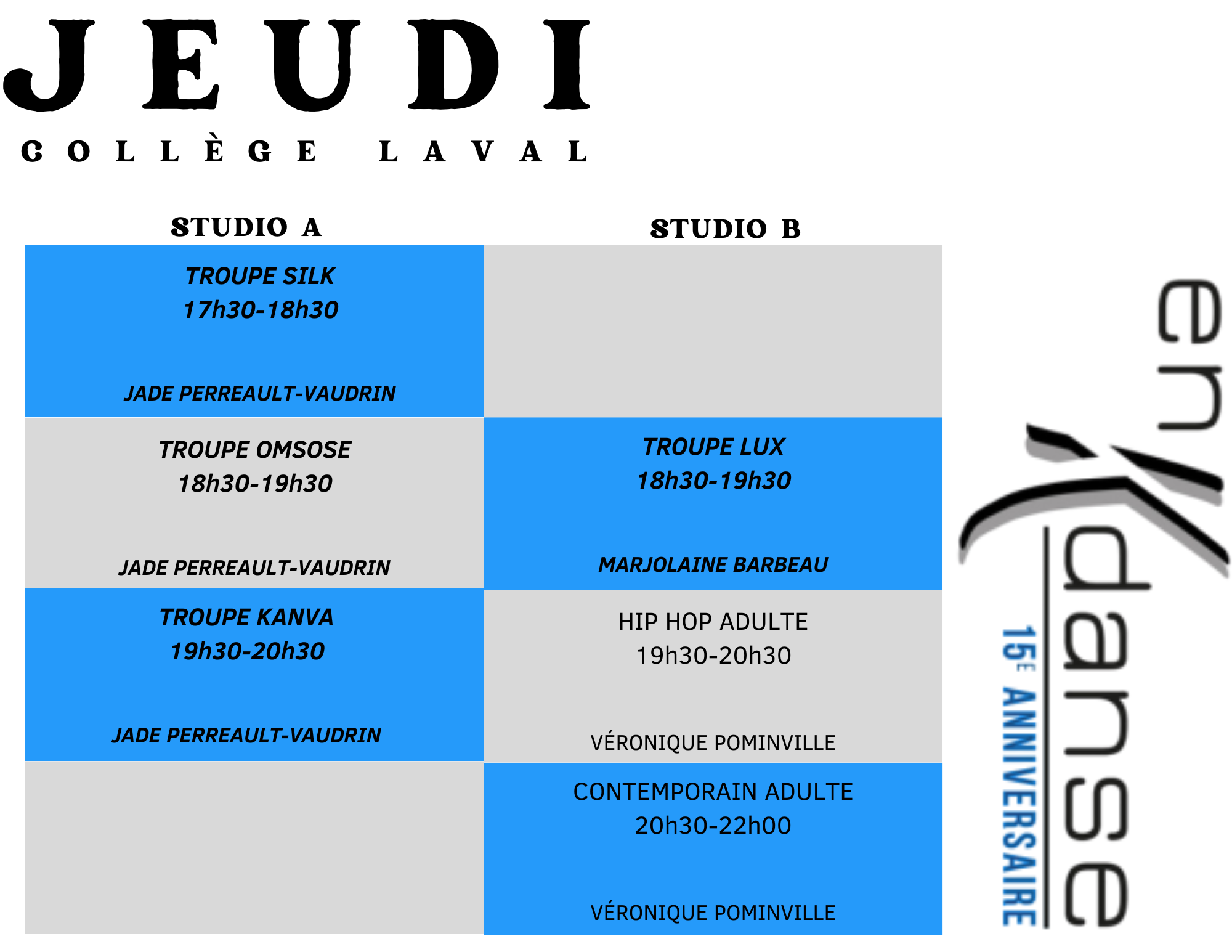 Enkdanse - Horaire Jeudi - College Laval